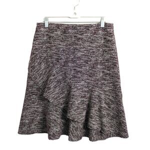 NWT LOFT Red Marled Sweater Pull-On Above Knee Skirt Diagonal Ruffle Holidays M